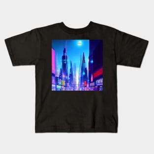 Ai Generated Art Scenery - Futuristic City Skyline With Shops And Neon Lighting Kids T-Shirt